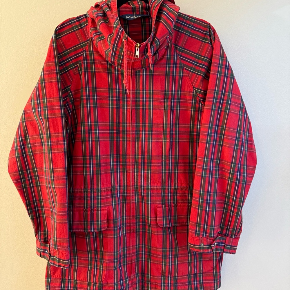 VTG 90’s Ralph Lauren Christmas Mens Red Plaid Hooded Zip Coat Jacket M